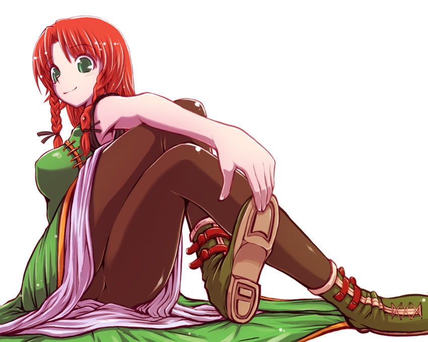 verynezumi, hong meiling, embodiment of scarlet devil, touhou, 1girl, braid, breasts, china dress, chinese clothes, crossed legs, dress, female focus, green eyes, pantyhose, red hair, simple background, sitting, smile, solo, stretching, white background