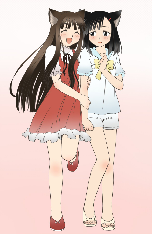 akimi (aki2), konoe konoka, sakurazaki setsuna, mahou sensei negima!, bad id, bad pixiv id, 00s, animal ears, asymmetrical bangs, black eyes, black hair, blush, brown hair, cat ears, closed eyes, long hair, sandals, short hair