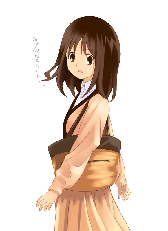 kouno hikaru, kasuga ayumu, azumanga daiou, bad id, bad pixiv id, translation request, 1girl, bag, brown eyes, brown hair, female focus, kansaiben, short hair, simple background, solo, white background