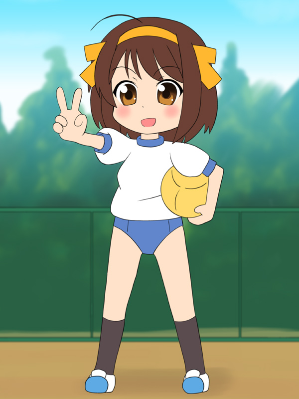 hiraizumi (mugenkidousha), suzumiya haruhi, suzumiya haruhi-chan no yuuutsu, suzumiya haruhi no yuuutsu, 00s, ball, brown eyes, brown hair, buruma, gym uniform, hairband, short hair, solo, v