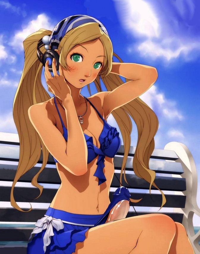 tonegawa anju, chou shittou caduceus, artist request, photoshop, bandana, bikini, blonde hair, blush, futanari, green eyes, headphones, jewelry, long hair, necklace, swimsuit, twintails