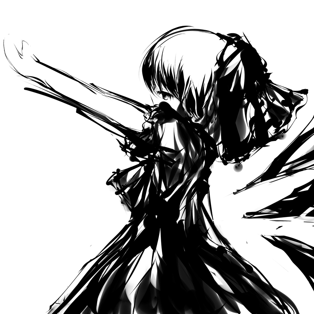 hanuu, cirno, touhou, 1girl, arms up, female focus, from side, greyscale, half-closed eyes, monochrome, outstretched arms, profile, puffy short sleeves, puffy sleeves, short sleeves, simple background, solo, upper body, white background