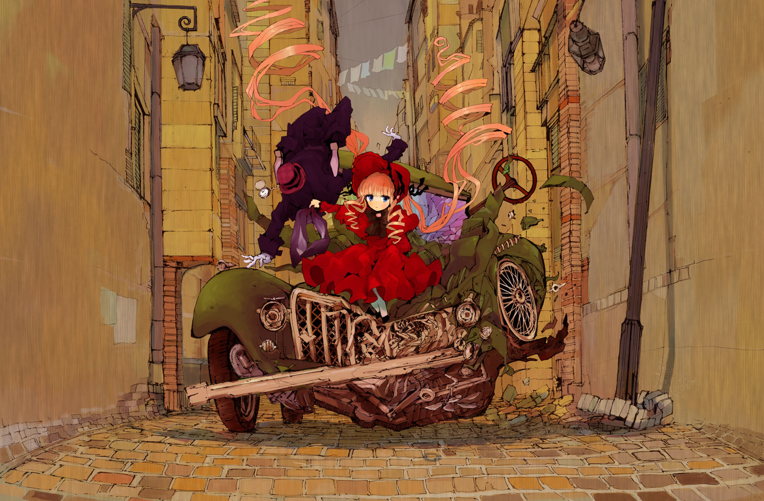 fumiyomogi, laplace's demon (rozen maiden), shinku, rozen maiden, bad id, bad pixiv id, 00s, action, alley, blonde hair, blue eyes, bonnet, building, car, dress, drill hair, formal clothes, frills, long hair, motor vehicle, pocket watch, suit, very long hair, watch