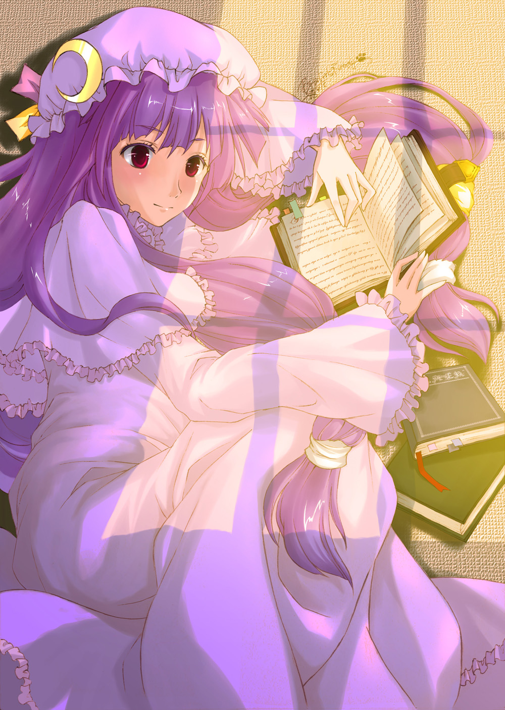 lilithbloody, patchouli knowledge, touhou, bad id, bad pixiv id, highres, 00s, 1girl, 2008, book, female focus, fetal position, long hair, lying, on side, paw print, purple eyes, purple hair, red eyes, shade, shadow, signature, solo, tatami, very long hair, window shadow