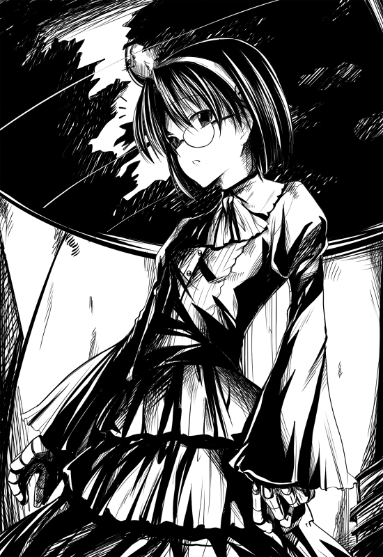 hirama hirokazu, na mizuumi, aiko (magipoka), renkin san-kyuu magical pokaan, 1girl, android, ascot, dress, female focus, glasses, greyscale, hairband, monochrome, short hair, solo