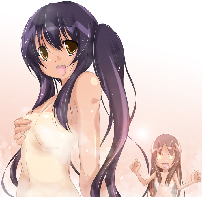 yumesato makura, nakano azusa, yamanaka sawako, k-on!, 00s, 2girls, bath, breasts, brown eyes, brown hair, censored, completely nude, convenient censoring, long hair, multiple girls, nipples, nude, one-piece tan, purple hair, small breasts, star (symbol), steam, tan, tanline, twintails
