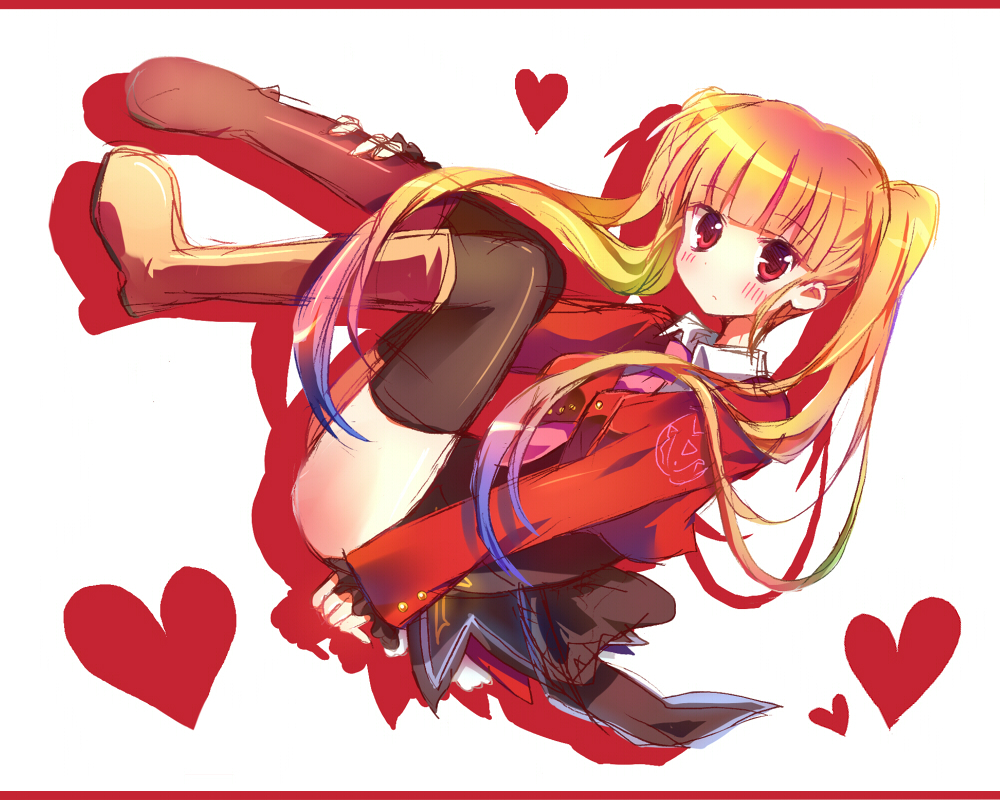 hinase haruka, asmodeus (umineko), umineko no naku koro ni, bad id, bad pixiv id, 00s, 1girl, blonde hair, female focus, heart, long hair, necktie, pink necktie, red eyes, solo, thighhighs, twintails