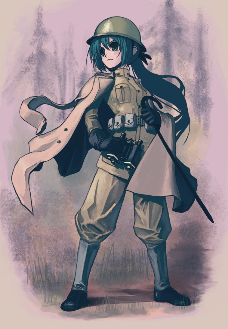 ktl (kuoting), kuoting, commentary, 1girl, belt, binoculars, blue hair, boots, cane, female focus, gloves, helmet, military, military uniform, ponytail, soldier, solo, united states, utility belt, war, world war i