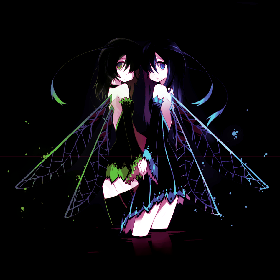 mizushirazu, original, bad id, bad pixiv id, 2girls, blue eyes, blue hair, breast press, breasts, dark, detached sleeves, dress, fairy, green eyes, green hair, long hair, monster girl, multiple girls, shadow, symmetrical docking, thighhighs, water, wings, zettai ryouiki