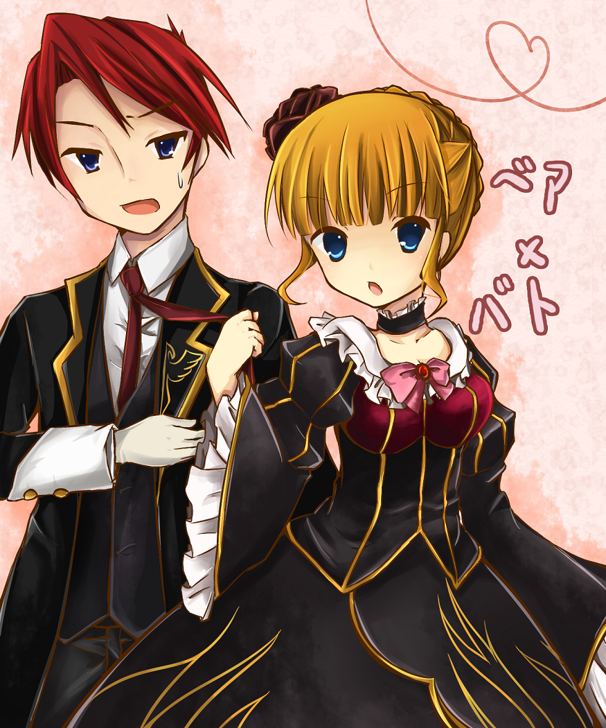 nyoko (catting), beatrice (umineko), ushiromiya battler, umineko no naku koro ni, bad id, bad pixiv id, 00s, 1boy, 1girl, blonde hair, blue eyes, butler, choker, couple, hetero, necktie, sweatdrop