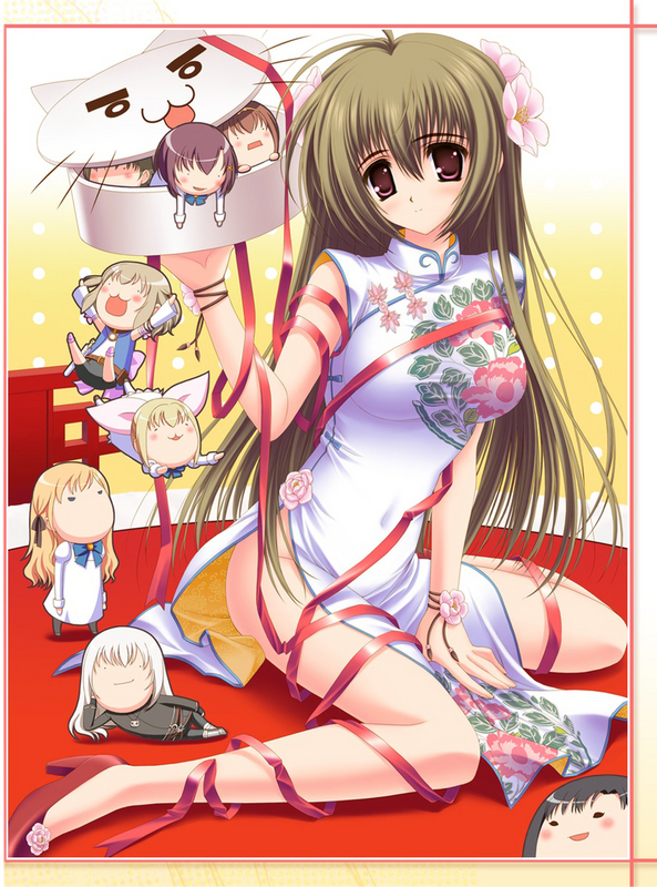 itsukushima takako, juujou shion, kajiura hisako, kamioka yukari, mikado mariya, miyanokouji mizuho, takashima ichiko, otome wa boku ni koishiteru, 00s, chibi, china dress, chinese clothes, crossdressing, dress, flower, hair flower, hair ornament, kneeling, ribbon, trap