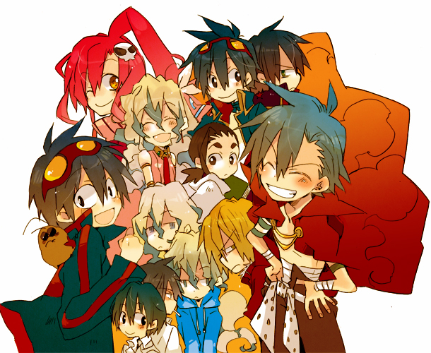 harikamo, shinsaibashih, garlock simon, kamina (ttgl), lordgenome, nia teppelin, rossiu adai, simon (ttgl), viral (ttgl), yoko littner, tengen toppa gurren lagann, bad id, bad pixiv id, 00s, 2girls, 6+boys, aged down, aged up, chibi, goggles, goggles on head, multiple boys, multiple girls, multiple persona, ponytail, red hair