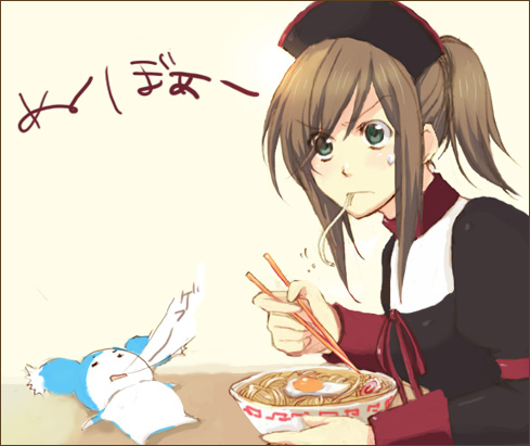 sunege, mieu (tales), tear grants, tales of (series), tales of the abyss, bad id, lowres, translation request, 00s, 1girl, bowl, brown hair, chopsticks, eating, egg, female focus, food, food in mouth, green eyes, kamaboko, maid headdress, meandros, narutomaki, noodles, official alternate costume, ponytail, ramen, solo