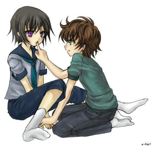 lelouch vi britannia, code geass, 00s, 2boys, aged down, child, kneeling, kurugi suzaku, male focus, multiple boys, sailor