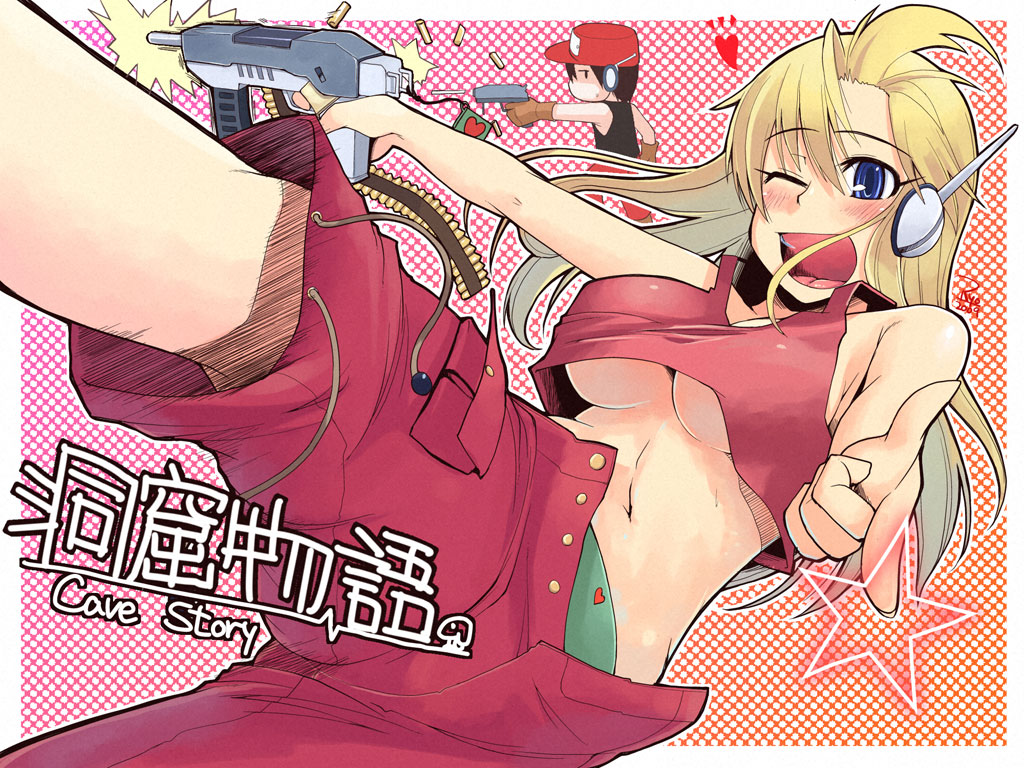 ryo (liver sashi daisuki!), curly brace, quote (cave story), doukutsu monogatari, 1boy, 1girl, android, blonde hair, blue eyes, blush, breasts, copyright name, finger gun, green panties, gun, hat, heart, heart panties, heart print, large breasts, midriff, navel, no bra, one eye closed, open fly, open mouth, panties, pointing, print panties, robot ears, shell casing, shorts, star (symbol), tank top, unbuttoned, underboob, underwear, weapon, wink
