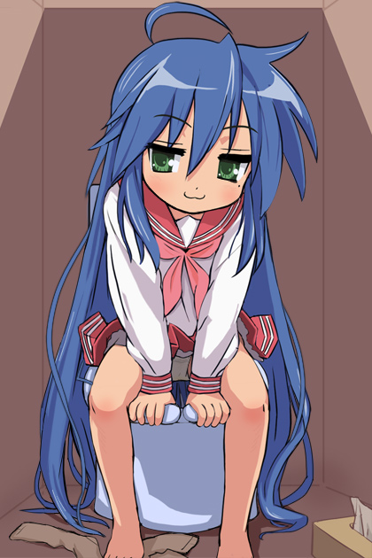 haruyama kazunori, izumi konata, lucky star, 00s, 1girl, :3, ahoge, barefoot, blue hair, feet, female focus, green eyes, long hair, mole, mole under eye, panties, pleated skirt, school uniform, serafuku, skirt, smile, socks, solo, tissue, tissue box, toilet, underwear, very long hair