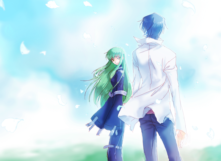 rahit, c.c., lelouch vi britannia, code geass, 00s, 1boy, 1girl, black hair, blouse, couple, green hair, hetero, shirt, smile, yellow eyes