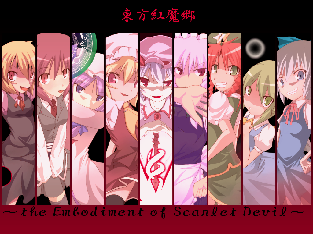 kuromiya, cirno, daiyousei, flandre scarlet, hong meiling, izayoi sakuya, koakuma, patchouli knowledge, remilia scarlet, rumia, embodiment of scarlet devil, touhou, artist request, 6+girls, blonde hair, column lineup, copyright name, fairy, maid, multiple girls, quality, red eyes