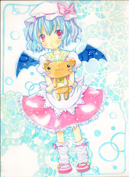 emo (artist), emo (mikan), remilia scarlet, touhou, bad id, bad pixiv id, 1girl, bear, blue hair, female focus, full body, hat, red eyes, solo, stuffed animal, stuffed toy, white background, wings