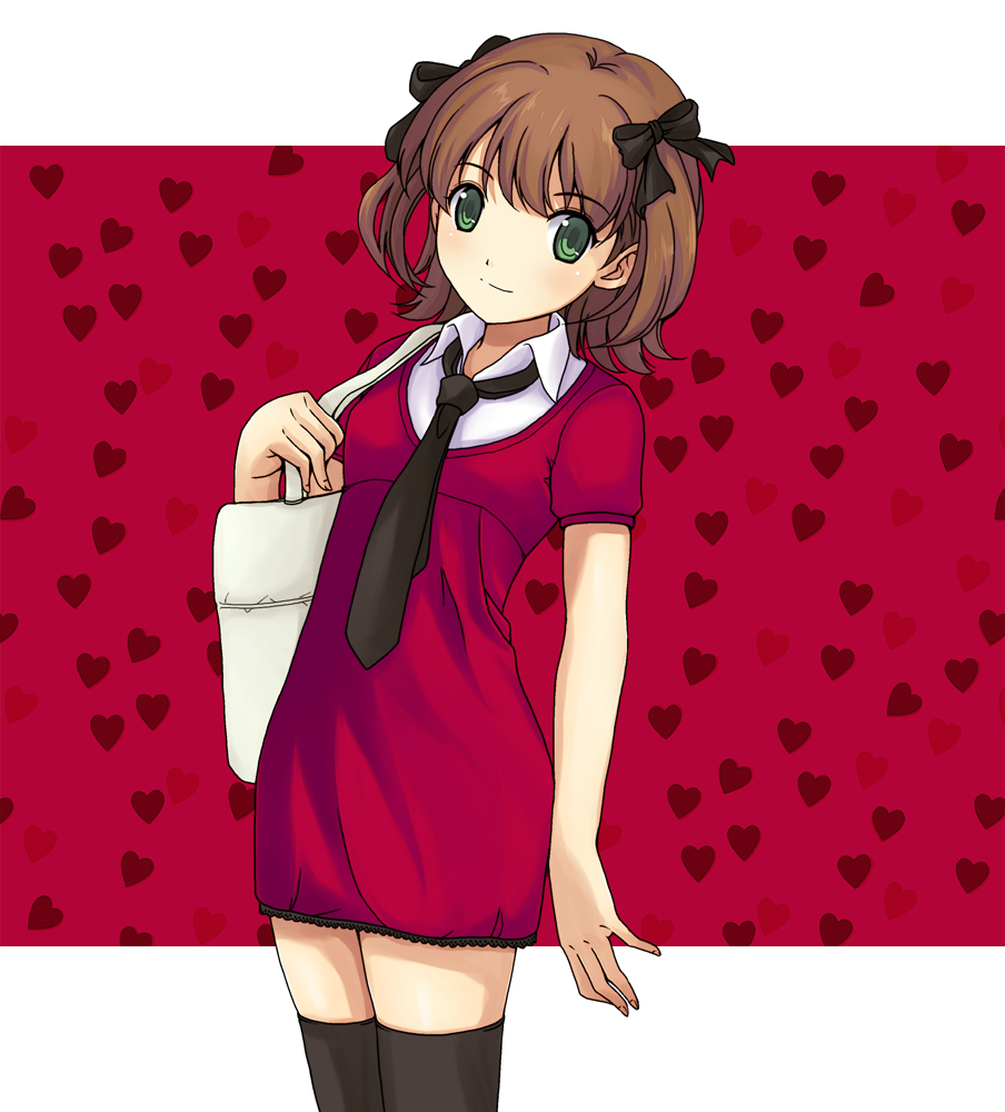 onion (lemlaml), amami haruka, idolmaster, idolmaster (classic), bad id, bad pixiv id, 00s, 1girl, bag, brown hair, casual, dress, female focus, green eyes, hair ribbon, necktie, ribbon, short dress, solo, thighhighs