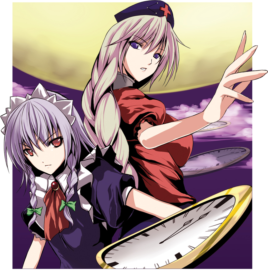 atoshi, izayoi sakuya, yagokoro eirin, touhou, bad id, bad pixiv id, 2girls, blue eyes, blue hair, braid, breasts, clock, female focus, hairband, hat, long hair, maid, multiple girls, outdoors, pink hair, red eyes, ribbon, sky, twin braids, upper body