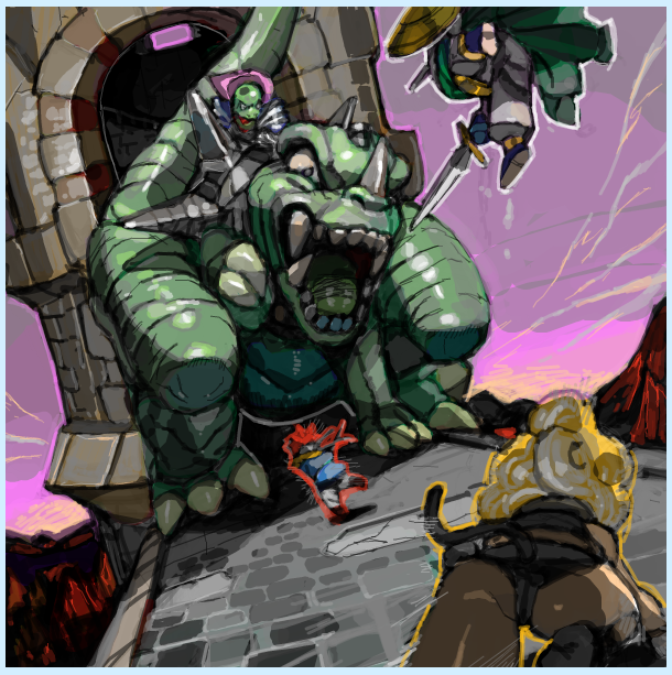 orushibu, ayla (chrono trigger), azala, black tyranno, crono (chrono trigger), frog (chrono trigger), chrono (series), chrono trigger, 1990s (style), 1girl, 2boys, ass, aura, blonde hair, blue eyes, cape, curly hair, dinosaur, long hair, multiple boys, shield, sword, tower, weapon