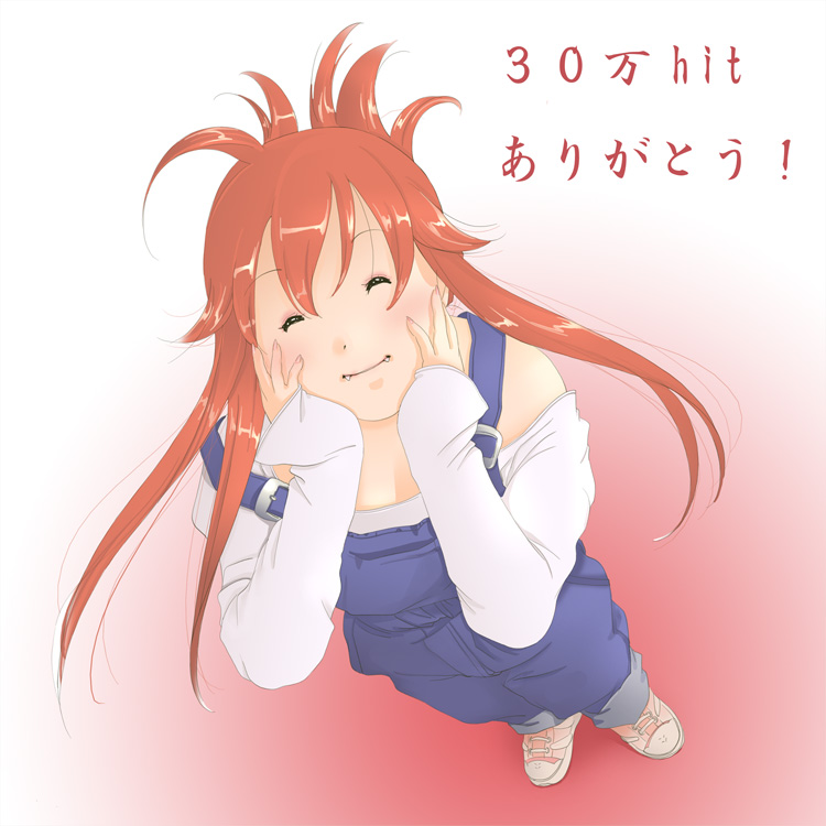 yozora, 1futa, ^ ^, blush, closed eyes, dress, fang, futanari, implied futanari, pinafore dress, red hair, shirt, shoes, sleeveless, sleeveless dress, solo, vampire, white shirt