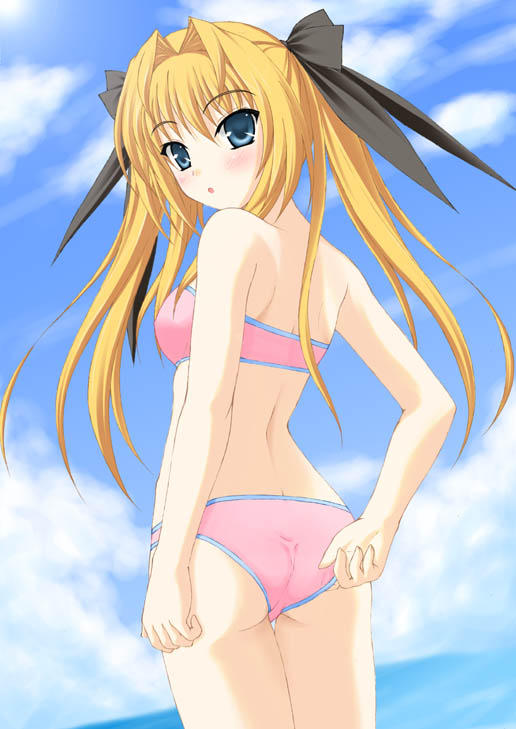 katori rea, parfait chocolat second brew, bikini, blonde hair, blue eyes, blush, hair ribbon, ribbon, swimsuit, twintails