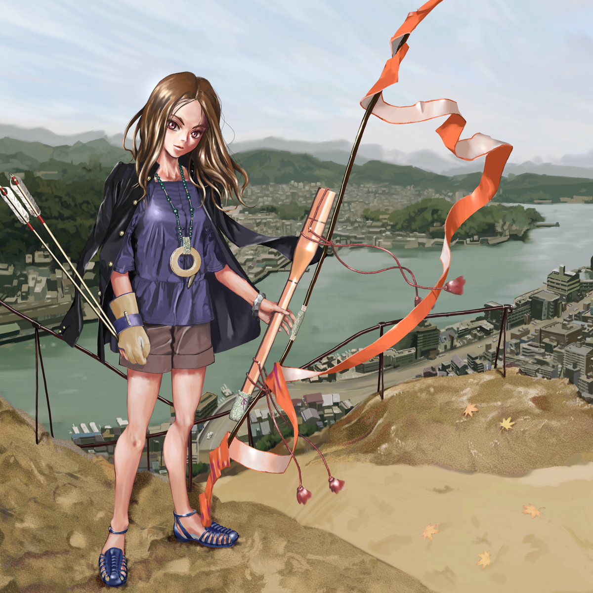amon (mulciber), original, highres, 1girl, arrow (projectile), bow (weapon), brown eyes, brown hair, city, female focus, gloves, jacket, jacket on shoulders, jewelry, leaf, long hair, necklace, open shoes, partially fingerless gloves, partly fingerless gloves, pink eyes, river, sandals, shoes, shorts, single glove, solo, weapon, yugake