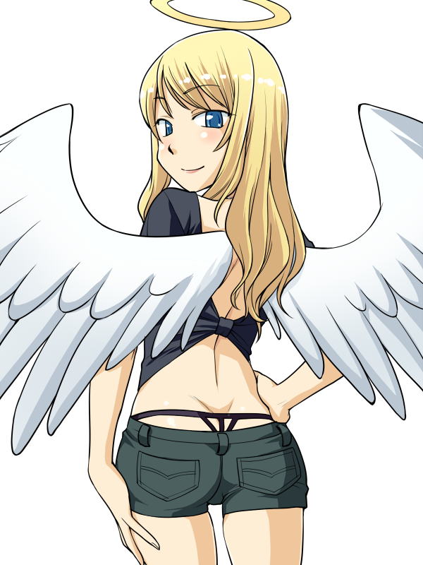 hinemosu notari, original, hand on thigh, bad id, bad pixiv id, source request, 1girl, angel, angel wings, ass, back, blonde hair, blue eyes, butt crack, female focus, g-string, halo, hand on own hip, hip focus, long hair, panties, short shorts, shorts, simple background, smile, solo, t-back, thong, traditional halo, trefoil, underwear, whale tail (clothing), wings