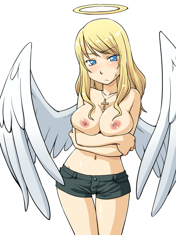 hinemosu notari, original, breast hold, bad id, bad pixiv id, 1girl, angel, angel wings, blonde hair, blue eyes, breasts, cross, crossed arms, female focus, halo, jewelry, necklace, nipples, short shorts, shorts, solo, sweatdrop, topless female, traditional halo, wings