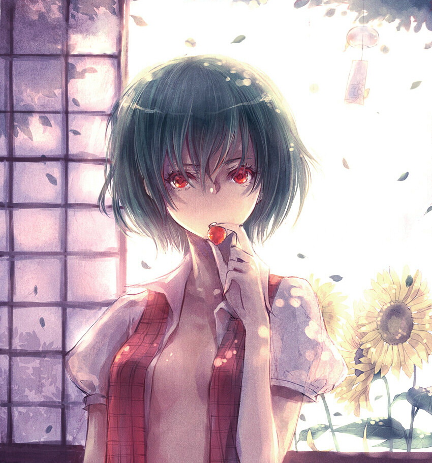 kieta, kazami yuuka, touhou, 1girl, female focus, flower, food, fruit, green hair, leaf, no bra, open clothes, open shirt, petals, plaid clothes, plaid vest, red eyes, shirt, short hair, sliding doors, solo, strawberry, sunflower, vest, wind chime