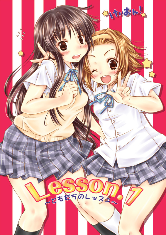 kilkennycat, akiyama mio, tainaka ritsu, k-on!, 00s, 2girls, black hair, blush, brown eyes, brown hair, hairband, kneehighs, long hair, multiple girls, one eye closed, plaid clothes, plaid skirt, pleated skirt, school uniform, short hair, skirt, socks, v, wink