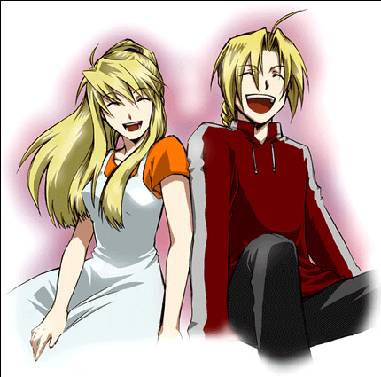 edward elric, winry rockbell, fullmetal alchemist, lowres, 00s, ahoge, blonde hair, braid, braided ponytail, casual, closed eyes, laughing, ponytail, single braid, smile