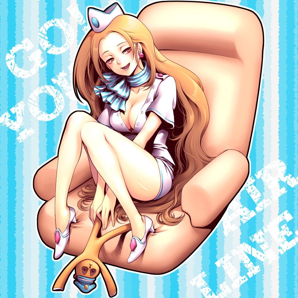 kayu, cammy meele, ace attorney, ace attorney investigations, capcom, 1girl, blonde hair, breasts, brown hair, cleavage, earrings, female focus, flight attendant, full body, hat, high heels, jewelry, large breasts, legs, long hair, shoes, skirt, sleepy, smile, solo, travel attendant, very long hair