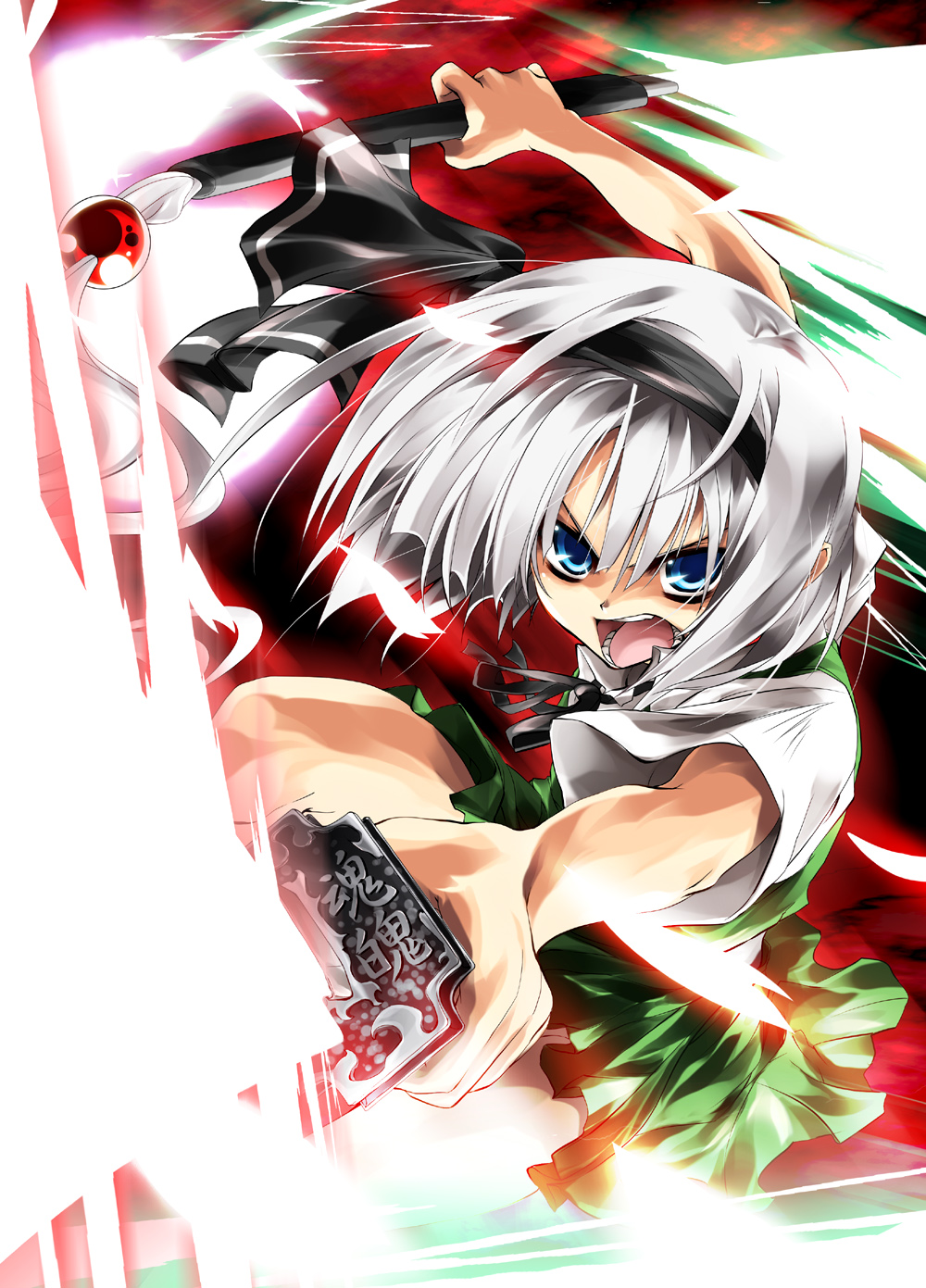 delusion overdose, matsuno canel, konpaku youmu, touhou, silver hair, highres, 1girl, blue eyes, female focus, katana, short hair, solo, sword, weapon