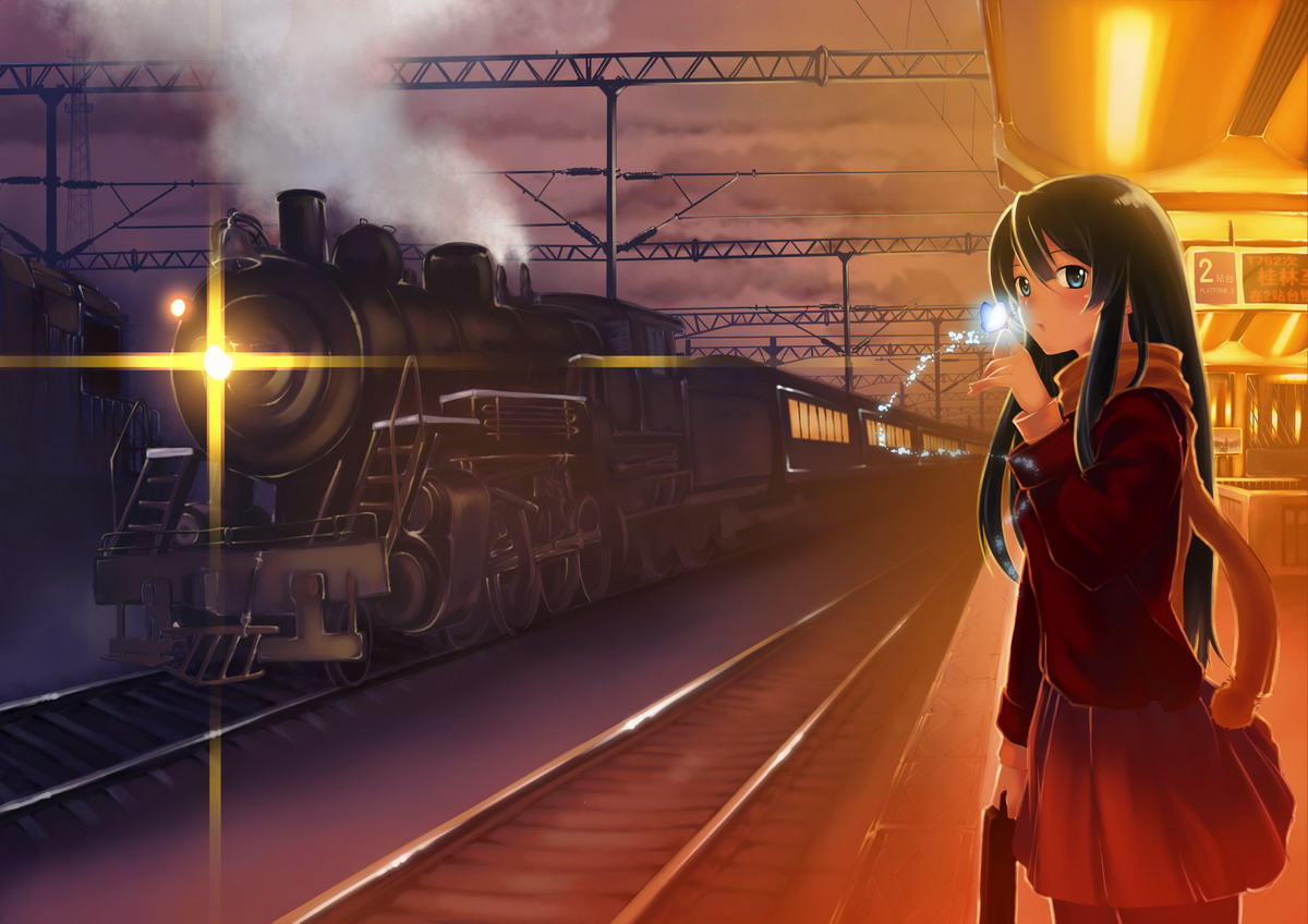 laida, akiyama mio, k-on!, bad id, bad pixiv id, 00s, 1girl, black hair, blue eyes, blunt bangs, bug, butterfly, female focus, hime cut, insect, locomotive, scarf, school uniform, skirt, solo, steam locomotive, train, train station