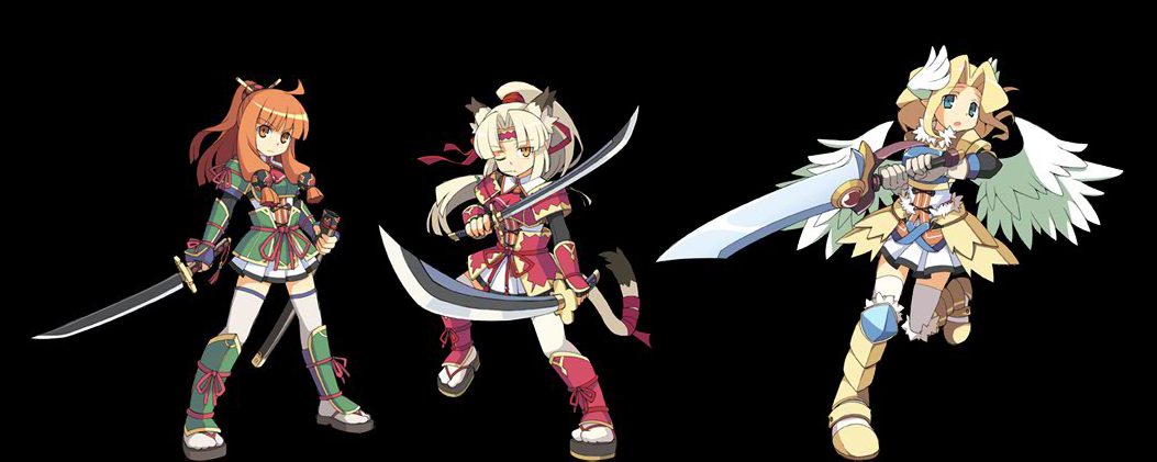 celestia (totomono), felpurr, human (totomono), acquire, ken to mahou to gakuen mono, ken to mahou to gakuen mono 2, official art, 3girls, animal ears, armor, black background, dual wielding, faulds, fighting stance, greaves, head wings, holding, japanese armor, japanese clothes, katana, kimono, kote, multiple girls, samurai, sandals, simple background, suneate, sword, tabi, tail, weapon, wings