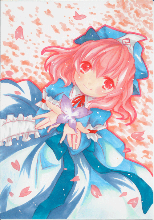 emo (artist), emo (mikan), saigyouji yuyuko, touhou, bad id, bad pixiv id, traditional media, 1girl, bug, butterfly, female focus, hat, petals, pink eyes, pink hair, short hair, solo