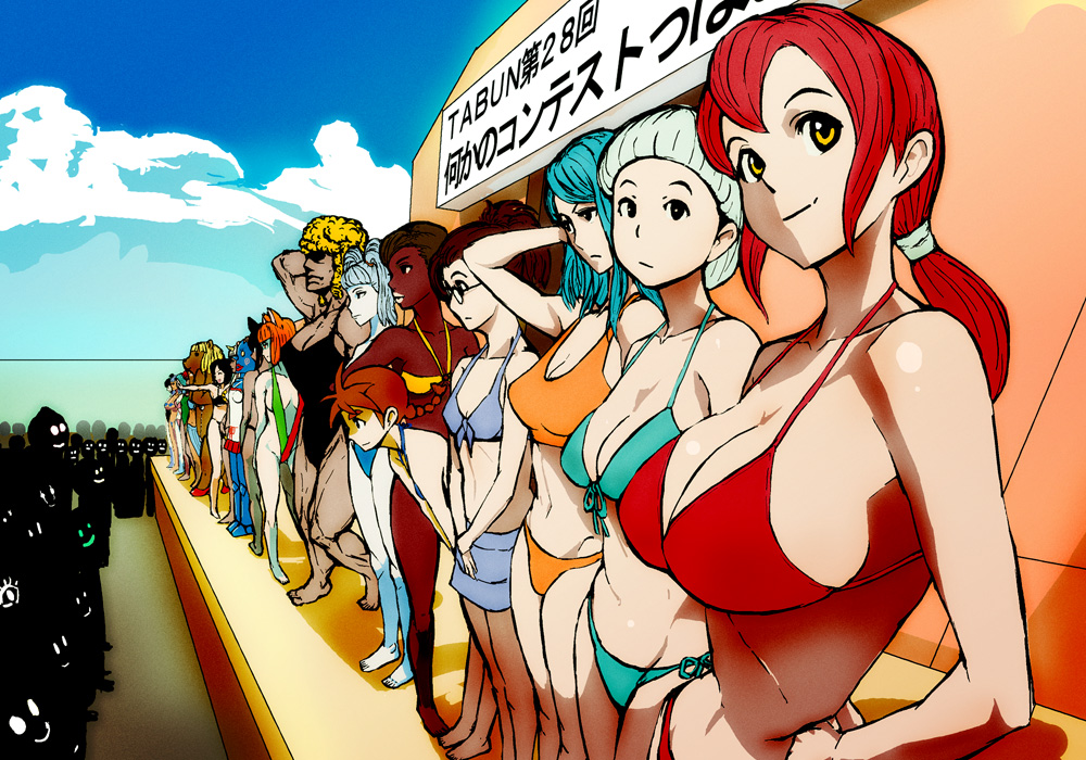 kuruma hajime, original, bad id, bad pixiv id, 6+girls, bikini, black eyes, black hair, blonde hair, blue hair, breasts, brown hair, competition, dark-skinned female, dark skin, day, huge breasts, large breasts, multiple girls, orange hair, ponytail, red hair, side-tie bikini bottom, sideboob, slingshot swimsuit, swimsuit, white hair, yellow eyes