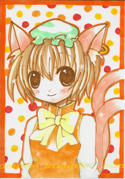emo (artist), emo (mikan), chen, touhou, bad id, bad pixiv id, traditional media, 1girl, animal ears, brown eyes, brown hair, cat ears, cat girl, cat tail, earrings, female focus, hat, jewelry, multiple tails, smile, solo, tail