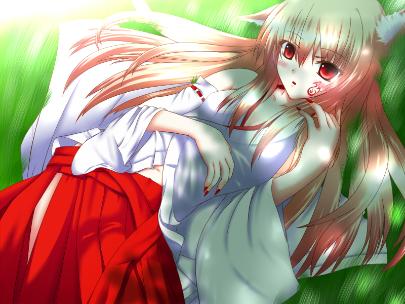 tsukikase kanade, original, 1girl, animal ears, blonde hair, blush, detached sleeves, female focus, fox ears, japanese clothes, long hair, lying, miko, red eyes, solo