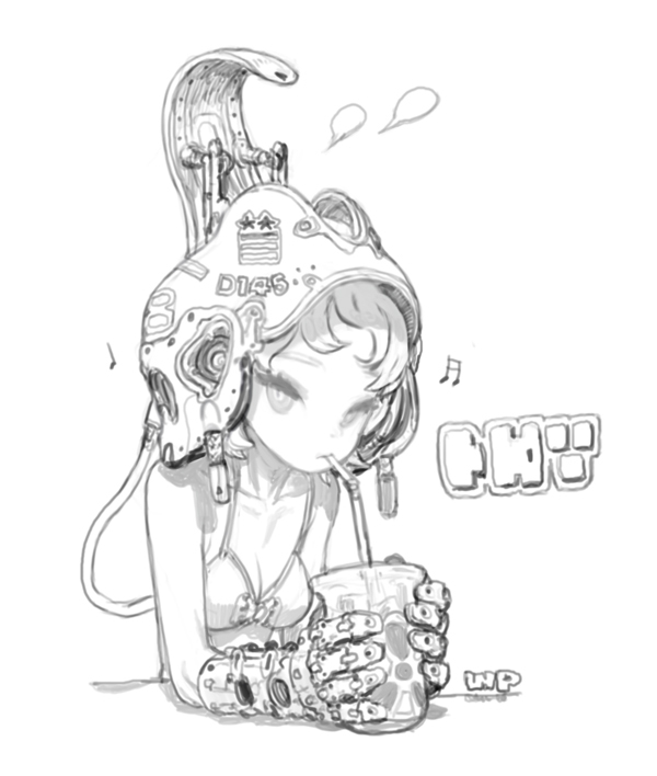 waterpie, bad id, bad pixiv id, 1girl, bra, drinking, drinking straw, female focus, gauntlets, greyscale, helmet, lingerie, monochrome, solo, underwear