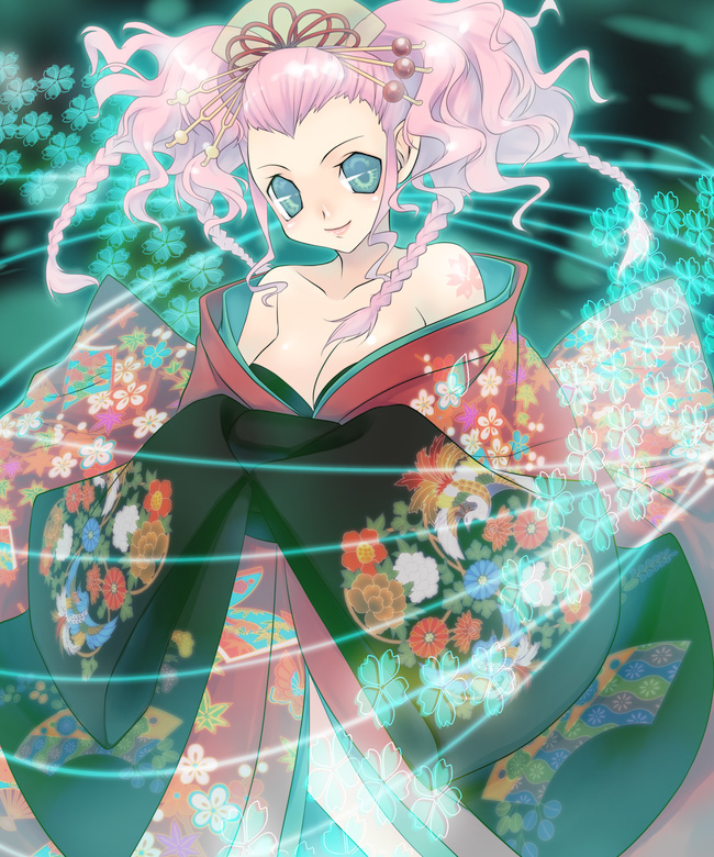 mitake eil, original, bare shoulders, blue eyes, braid, breasts, cleavage, japanese clothes, kimono, large breasts, pink hair, smile, solo, tattoo