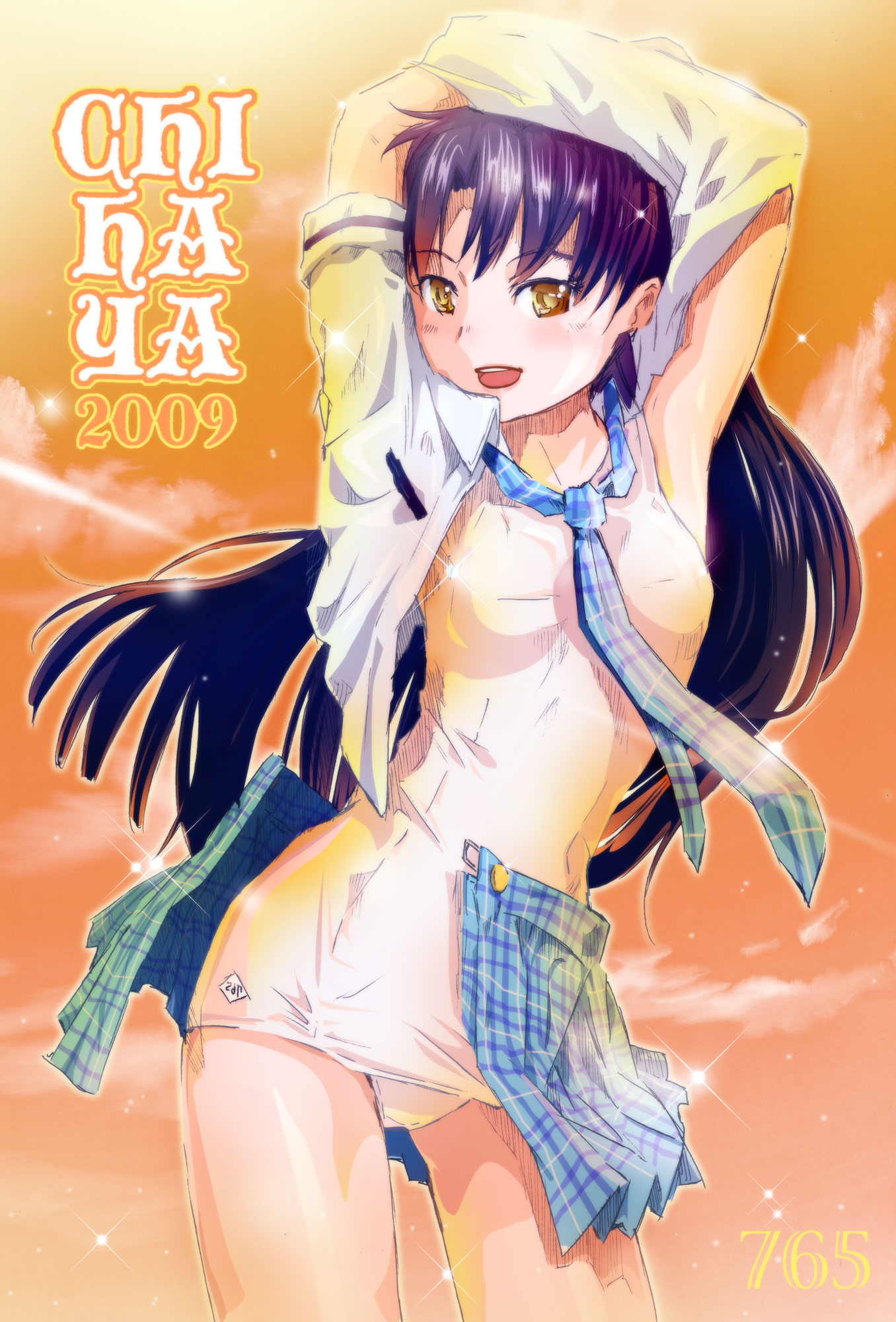 mayo riyo, kisaragi chihaya, idolmaster, idolmaster (classic), plaid, bad id, bad pixiv id, highres, 00s, 1girl, 2009, armpits, blue hair, blush, brown eyes, female focus, long hair, necktie, one-piece swimsuit, open clothes, open shirt, open skirt, purple hair, rough time school, school swimsuit, shirt, skirt, solo, sparkle, sunset, swimsuit, swimsuit under clothes, undressing, white one-piece swimsuit, white school swimsuit, yellow eyes