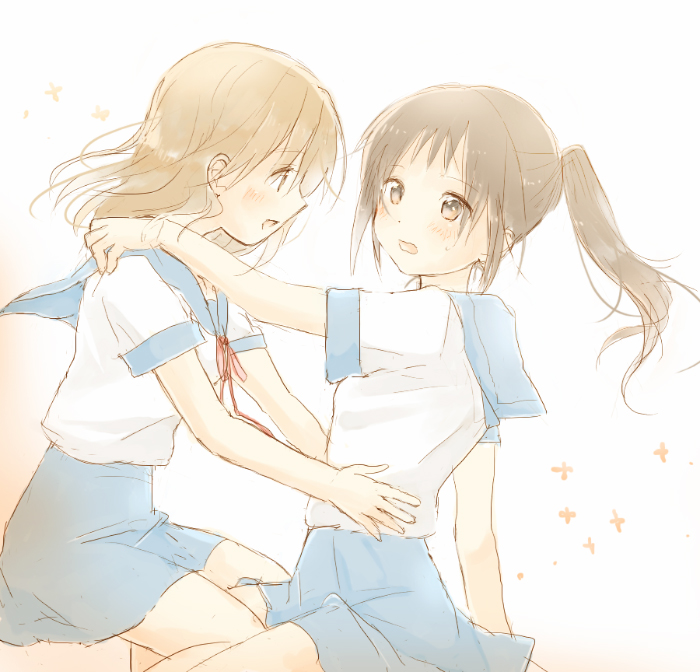 yoshioka mitsuko, koizumi itsuki (female), kyonko, suzumiya haruhi no yuuutsu, bad id, bad pixiv id, 00s, 2girls, blush, brown hair, genderswap, genderswap (mtf), hug, multiple girls, ponytail, school uniform, serafuku, twintails