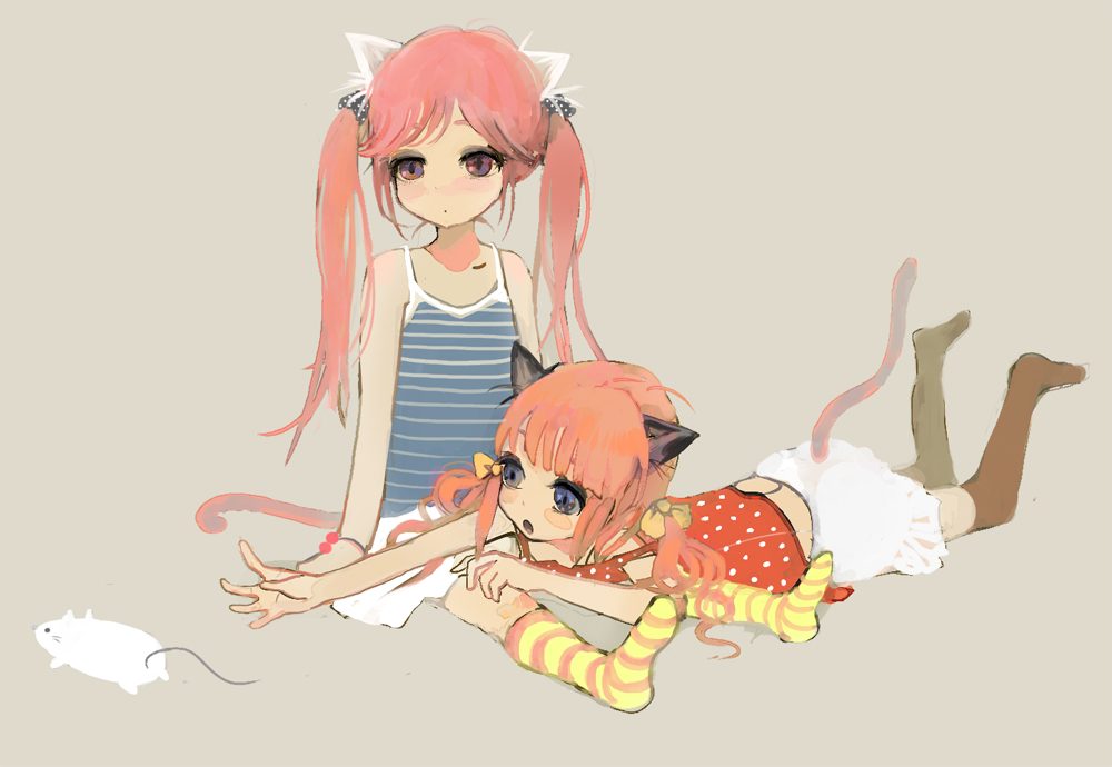 goma, gomoma (bluehighlow), striped legwear, bad id, bad pixiv id, 2girls, :o, animal ears, blush, camisole, child, kneeling, lying, mouse (animal), multiple girls, on stomach, orange hair, pink hair, simple background, skirt, socks, striped clothes, striped socks, tail, twintails