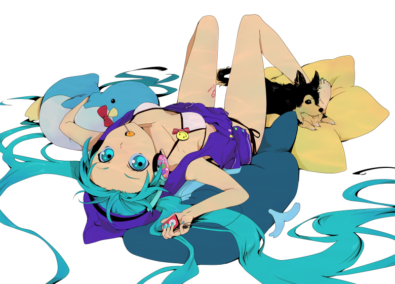 numeri, hatsune miku, vocaloid, bad id, bad pixiv id, 1girl, :o, badge, blue eyes, blue hair, blue nails, bra, button badge, candy, digital media player, dog, female focus, food, hood, ipod, legs, lingerie, lollipop, long hair, lying, matching hair/eyes, nail polish, smiley face, solo, stuffed animal, stuffed penguin, stuffed toy, twintails, underwear, very long hair