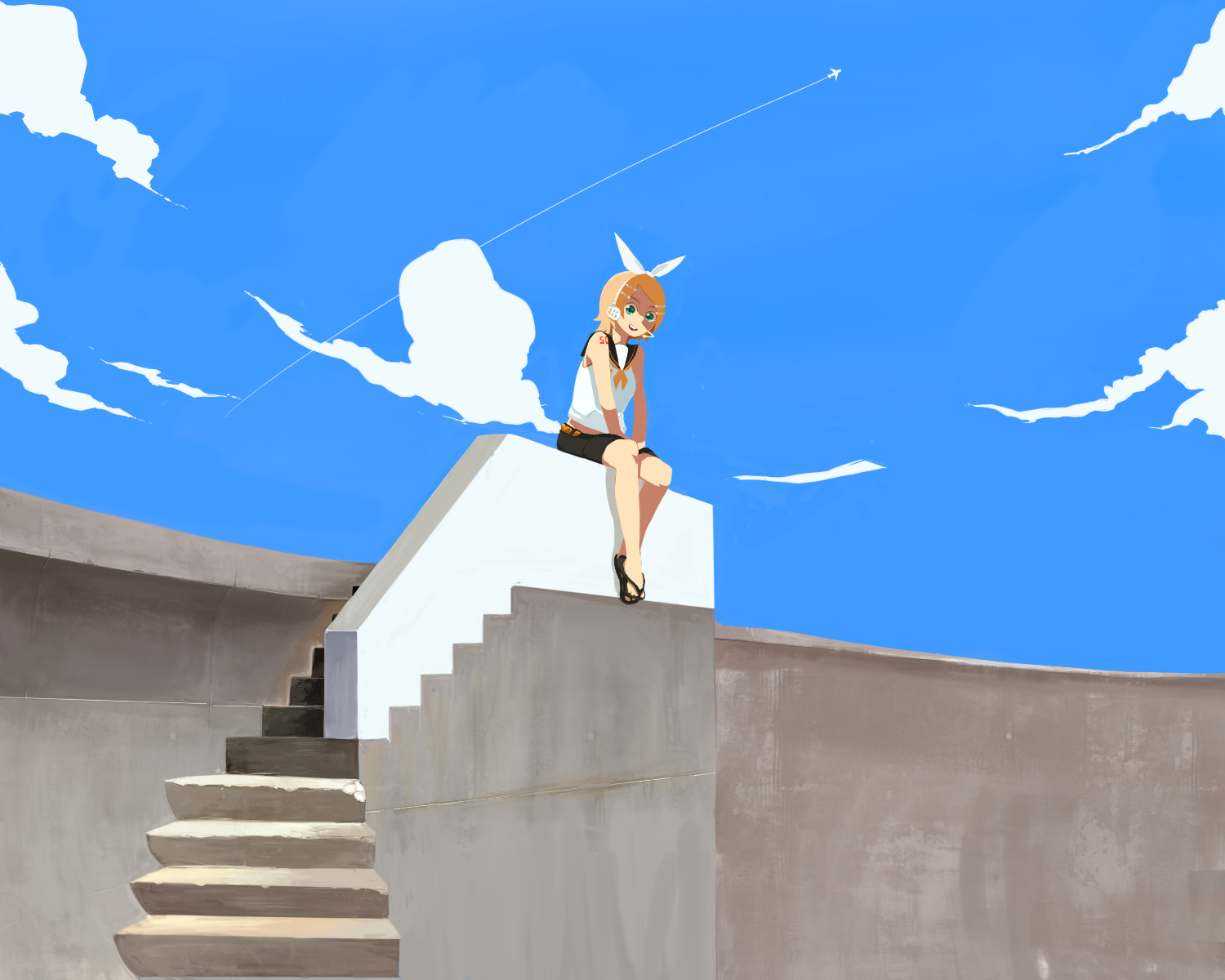 nanora, kagamine rin, vocaloid, highres, blonde hair, cloud, day, flip-flops, sandals, short hair, sitting, sky, solo, stairs