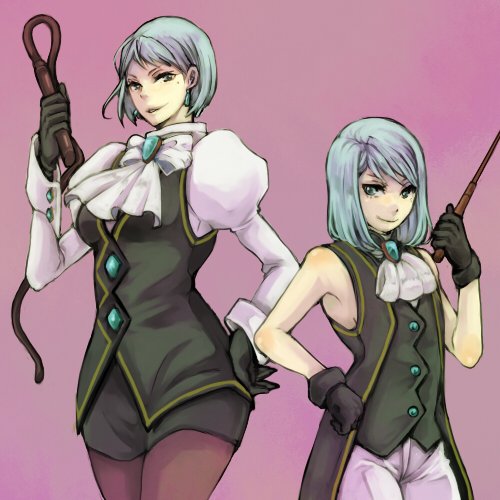 9wa, franziska von karma, ace attorney, ace attorney investigations, ace attorney investigations: miles edgeworth, capcom, bad id, bad pixiv id, lowres, 1girl, aged down, bare shoulders, blue hair, dual persona, gloves, hand on own hip, hip focus, mole, mole under eye, pantyhose, pencil skirt, short hair, simple background, skirt, smile, time paradox, whip
